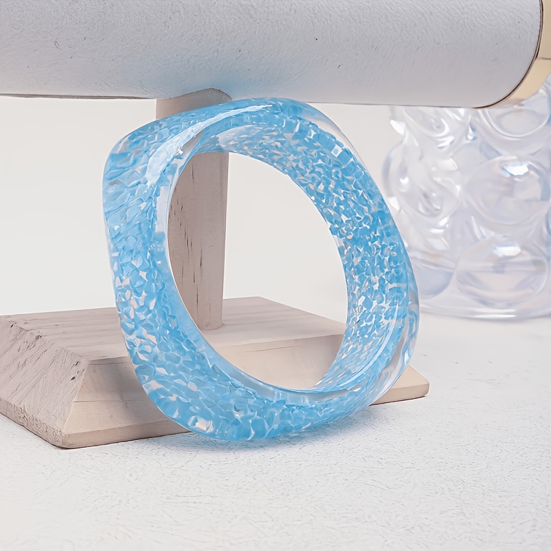 3pcs Blue Ocean Series Stackable Resin Bracelets, Beach Style